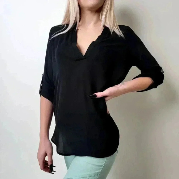 Lush Black Sheer VNeck Tunic Blouse - S - Picture 3 of 7